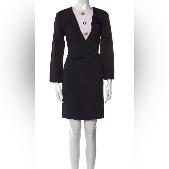 Vintage Adolfo 70s 80s Black Shift Dress with Removable or Adjustable Dickey szL - Picture 1 of 6